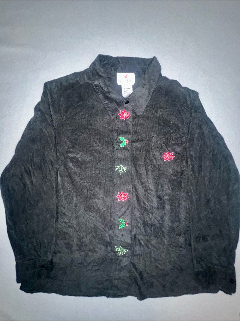 Quacker Factory Black Corduroy Christmas Poinsettia Button-Down Shirt XL